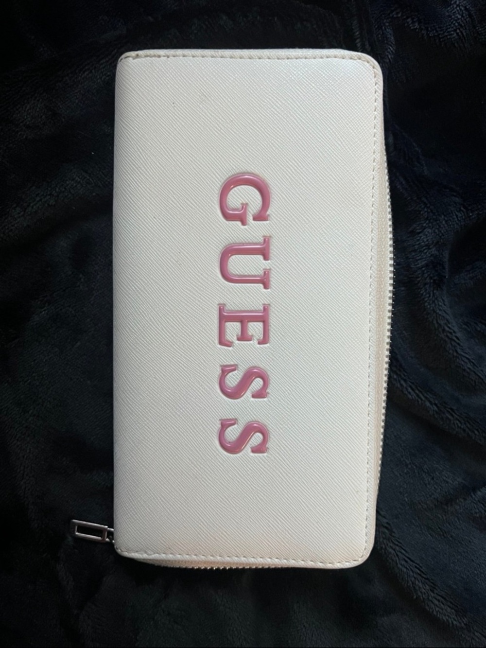 Guess White Zip Wallet with Pink Logo Detailing
